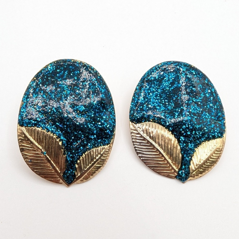 Vintage Blue Glitter Gold Leaf Oval Clip On Earrings 80s Statement Jewelry